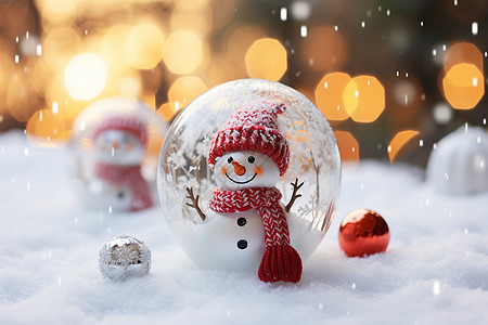 雪球中的雪人和圣诞树图片