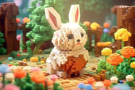 3D像素化兔子积木图片