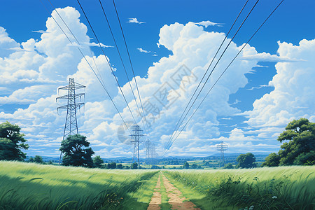 乡村田野中的高压电线塔图片