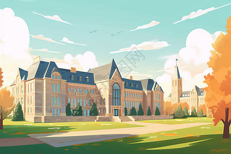 手绘艺术的校园建筑平面插图背景图片