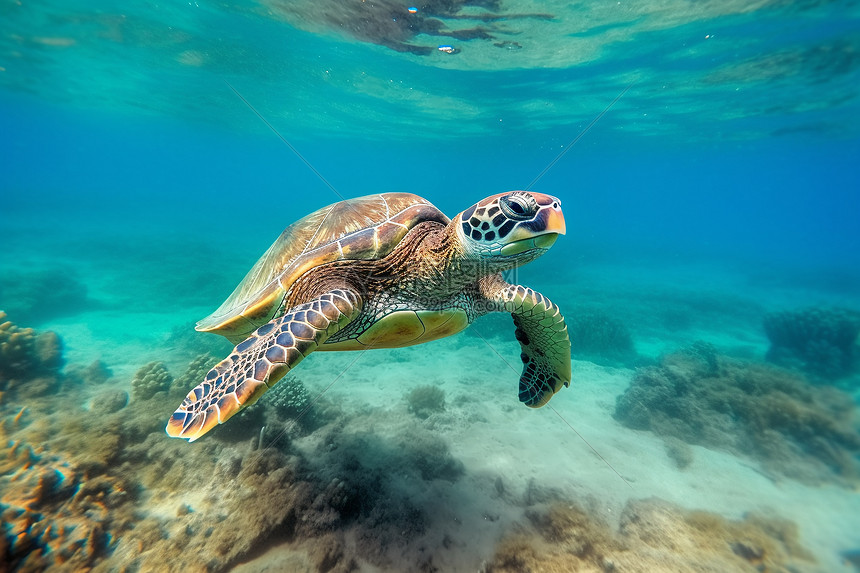 深海中游泳的海龟图片