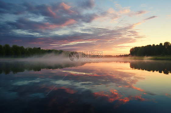 湖水映照迷雾树影的日出图片
