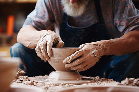 一位胡须蓬松的男子制作陶瓷图片
