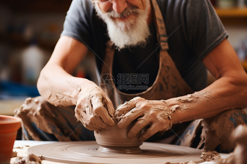 手工艺人在陶盘上制作陶器图片