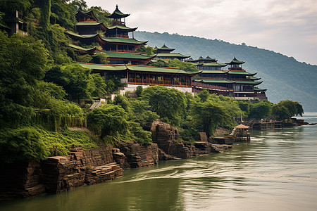 禅宗寺庙山林杨河边的建筑物和山脉图片