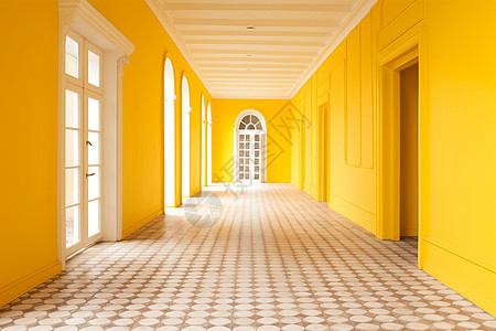 黄色长廊上的白门窗图片