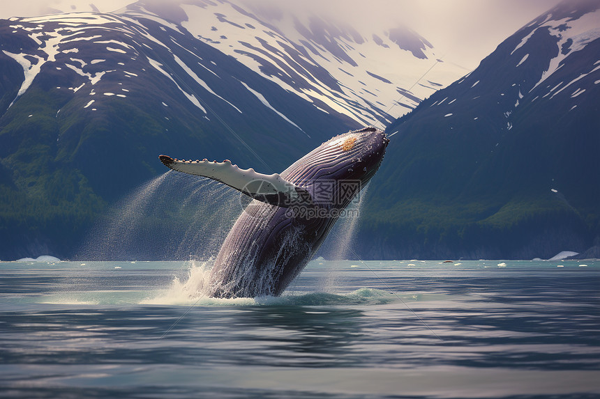 冰山下海面上跃出的座头鲸图片