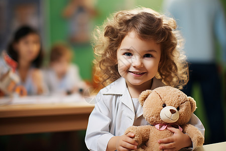 快乐的小女孩与熊玩具背景
