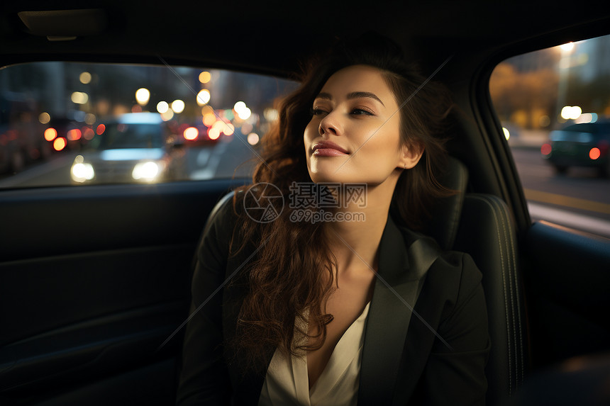 城市夜晚车上的商务女性图片