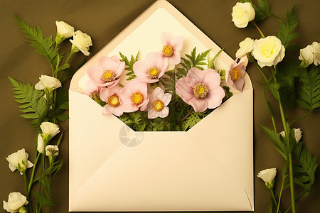 粉色花朵在信封中绽放图片