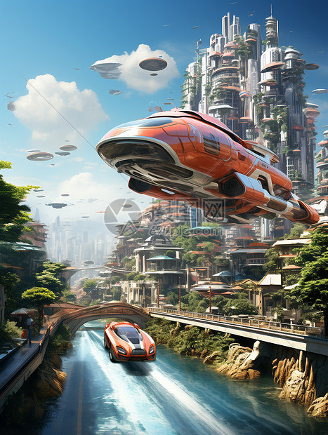 未来科技城市里高飞在空中的汽车图片