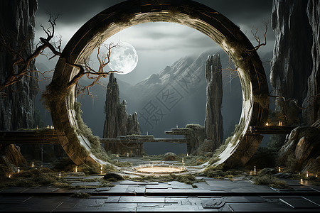 月光照亮的石头拱门图片