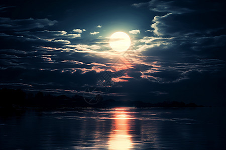 夜晚湖泊的明月倒映图片