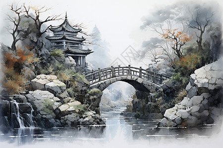 水墨画的拱桥图片