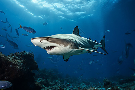 在海里游动的鲨鱼与鱼群图片