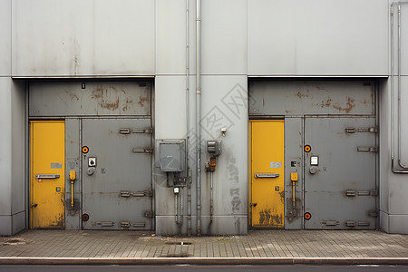 破旧工业建筑上的几扇黄色门图片