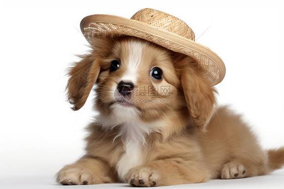 一只戴草帽的可爱小狗图片