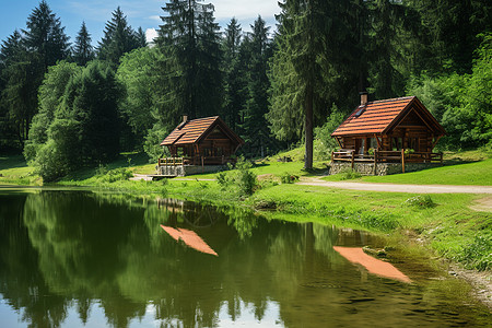 湖畔小屋的美丽景观图片