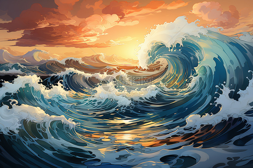 夕阳余晖洒落在汹涌的海浪上图片