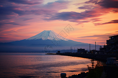 夕阳下的雪山城市背景