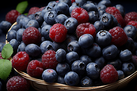 成熟覆盆子美味的覆盆子和蓝莓背景