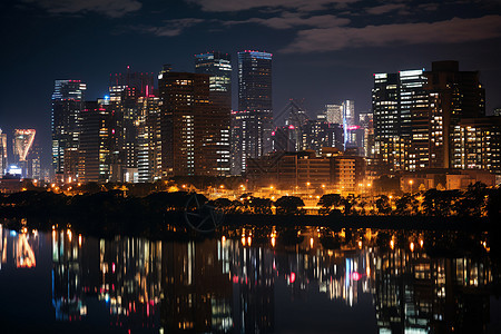 夜幕下的湾畔城市图片