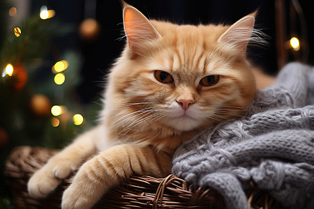 圣诞树旁的橘色猫咪图片