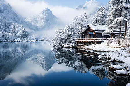 雪房屋倒影中的雪景背景