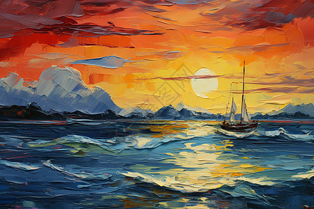 夕阳下的海上之舟背景图片