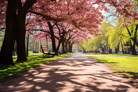 粉色花朵的树木下的小径一片青草上有长椅一个美丽的景观图片