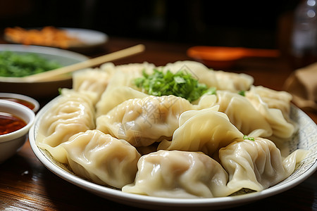 餐桌上一盘带有酱料的饺子高清图片