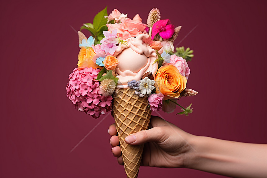 花朵点缀的冰淇淋图片