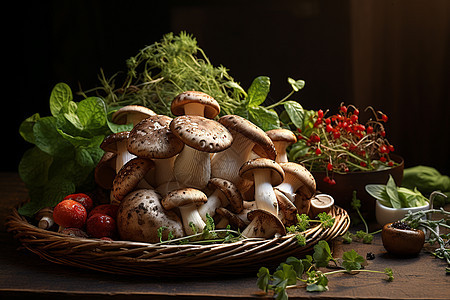 一桌蔬菜与蘑菇光影交织图片