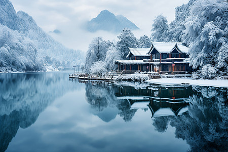 雪房屋冬日山水风景背景