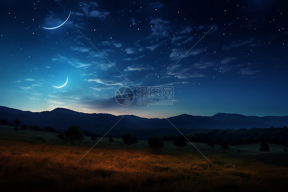 夜幕下的山脉与星空图片