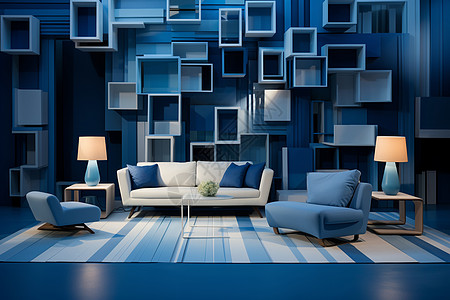 时尚的蓝色系客厅装潢图片