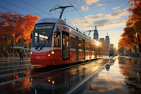 秋季城市街道上的列车图片