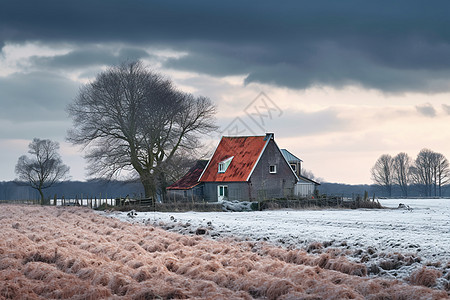 冬季农田中的房屋图片