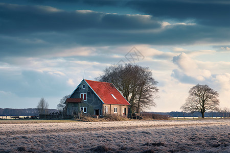 冬季田野中孤独的房屋图片