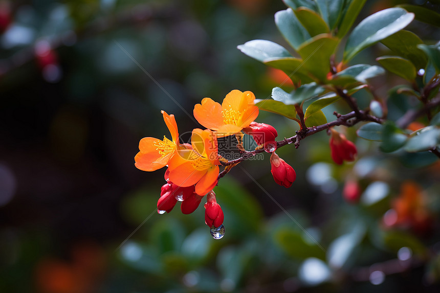 雨后树枝上的花朵图片