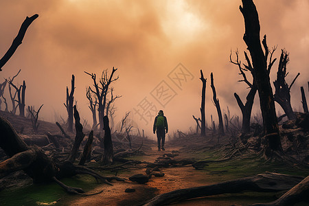 末日森林中孤独的男子图片