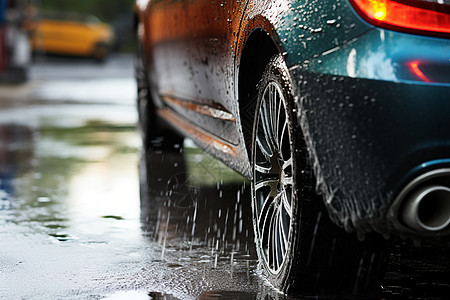 湿漉漉的街边汽车图片