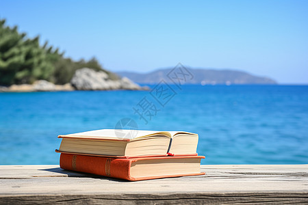 海岸木椅上的书籍图片