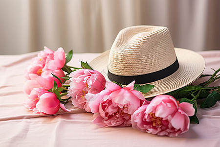 桌面上的鲜花和帽子图片