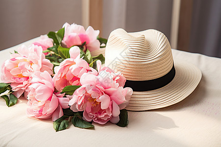 花香四溢的鲜花和帽子图片