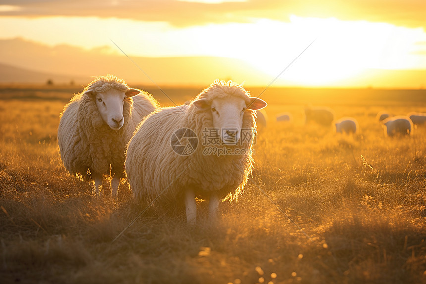 夕阳下草原上的绵羊图片