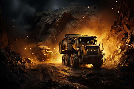 煤矿火光中的运输卡车图片