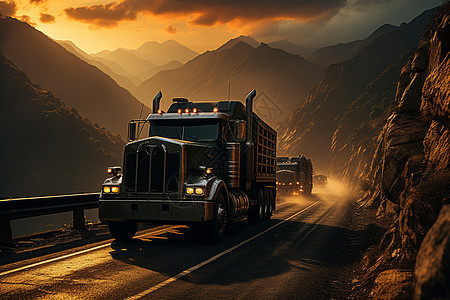 蜿蜒山路上的运输卡车图片