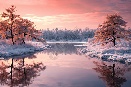 冬日结冰的湖畔背景图片