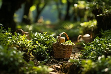 森林野餐竹篮里新鲜的茶叶背景